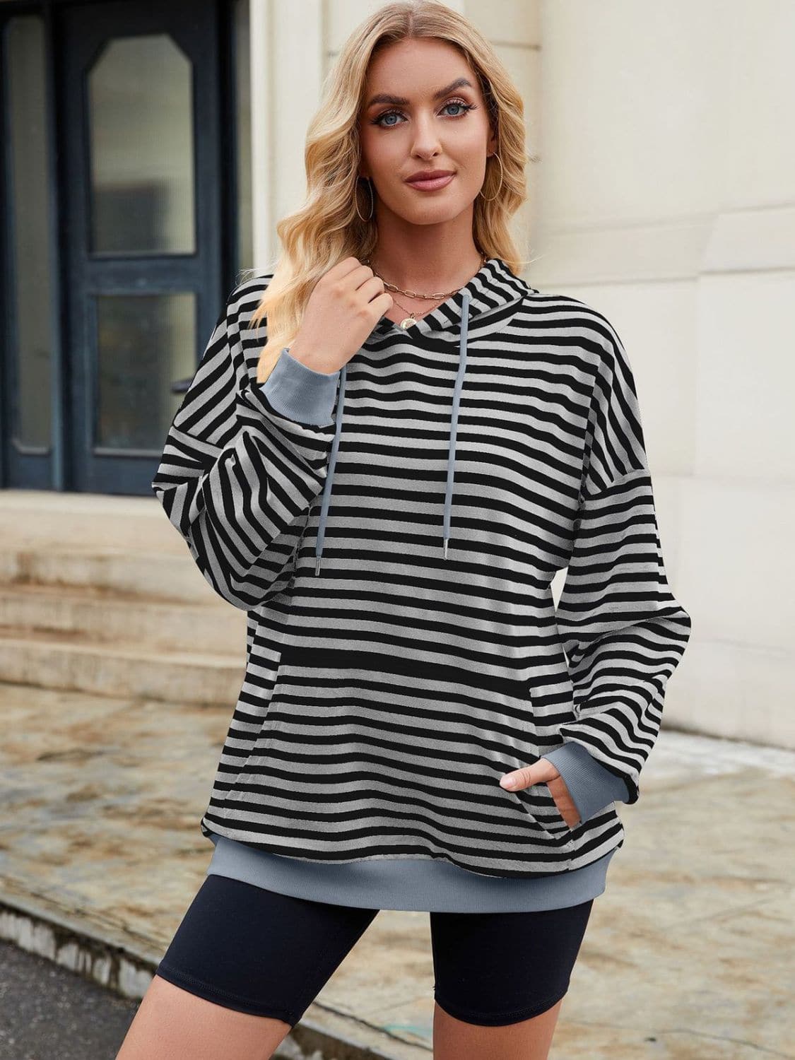 Contrast Striped Hoodie with Pockets