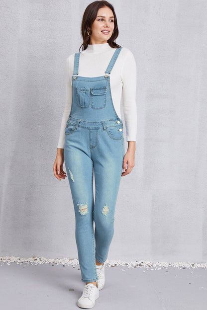 Distressed Washed Denim Overalls with Pockets.