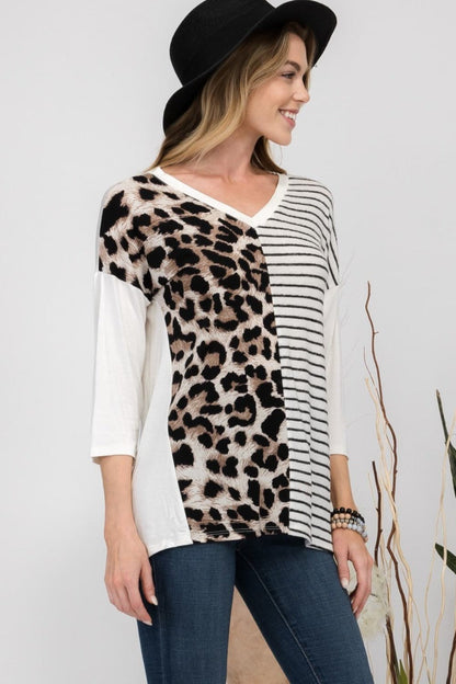 Celeste Full Size Front Leopard and Striped Print V-Neck T-Shirt.