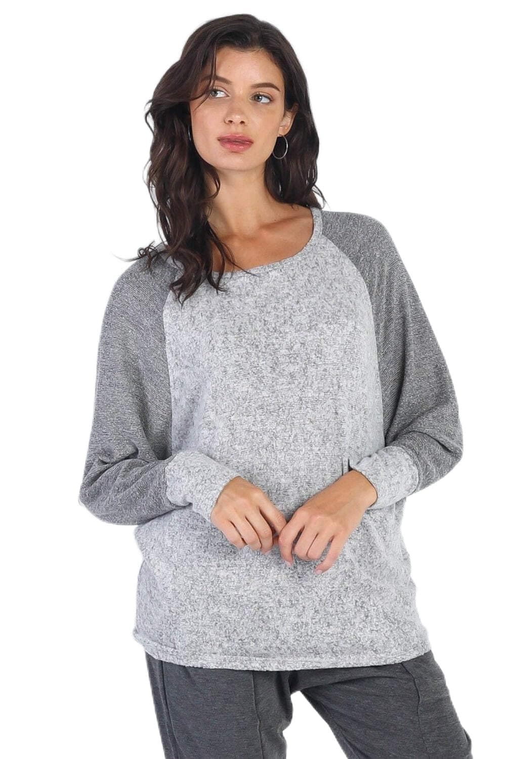 Chic contrast round neck long sleeve top in heather grey