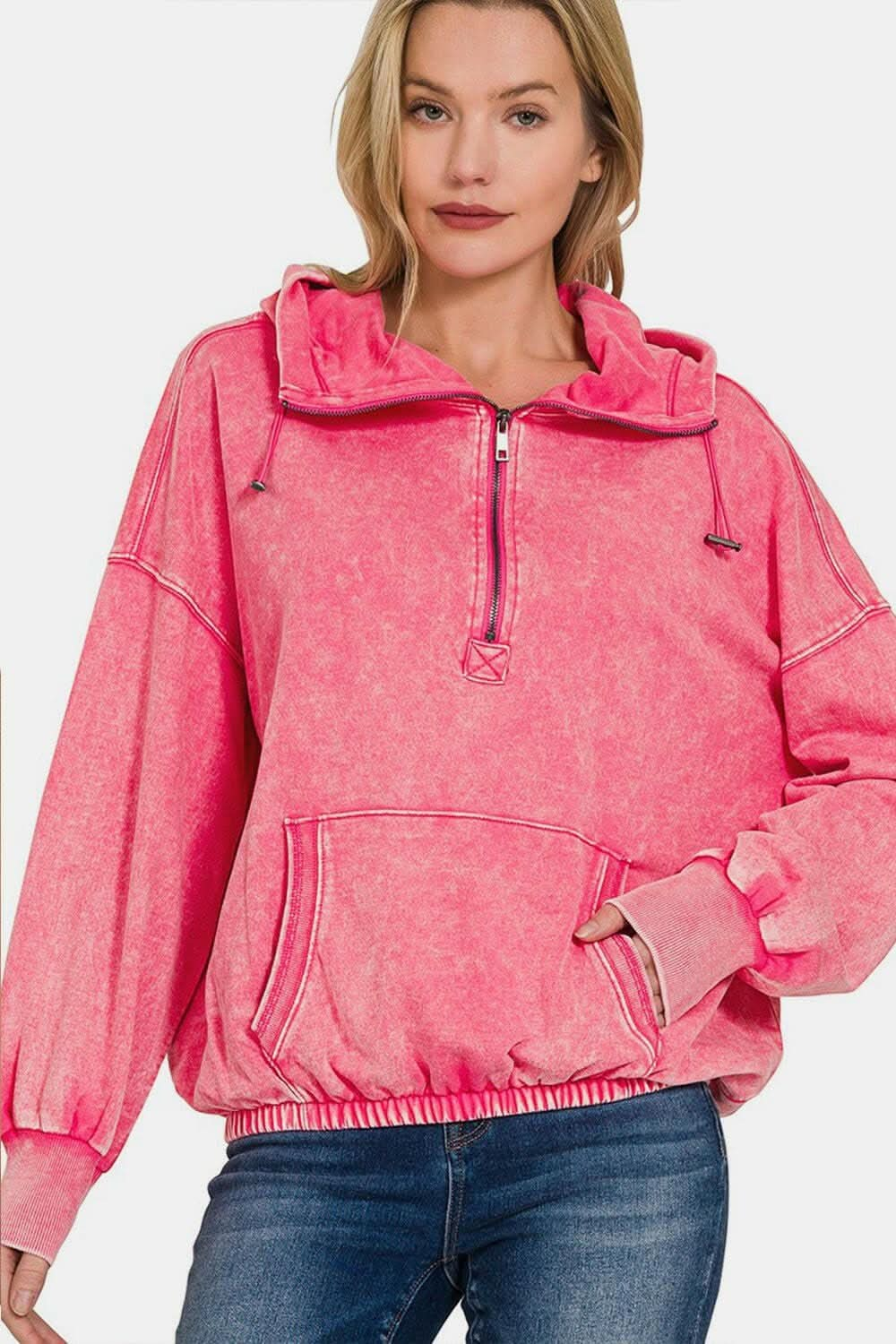 Love Salve Drawstring Half Zip Dropped Shoulder Hoodie