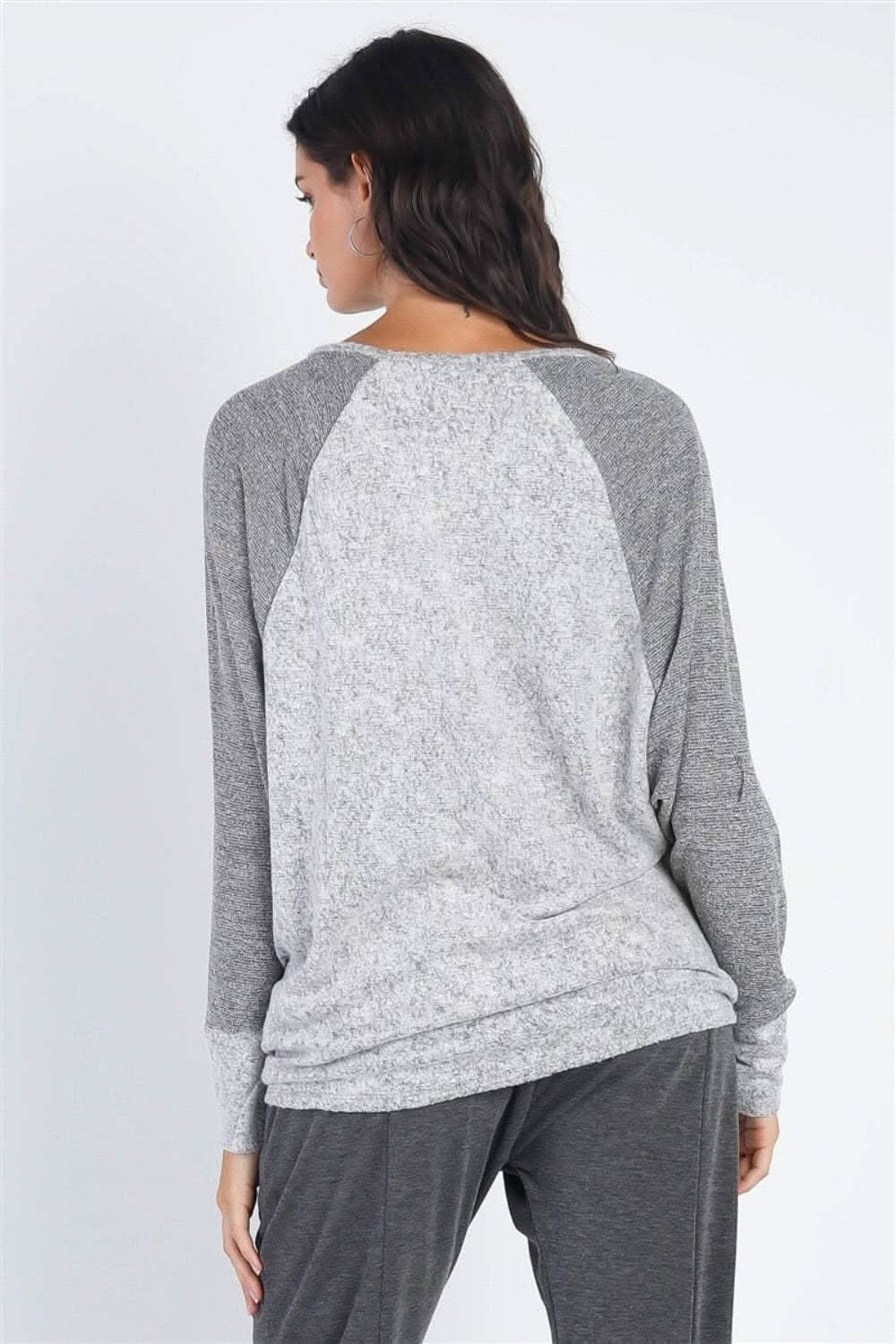 Cherish Apparel chic long sleeve contrast top in heather grey