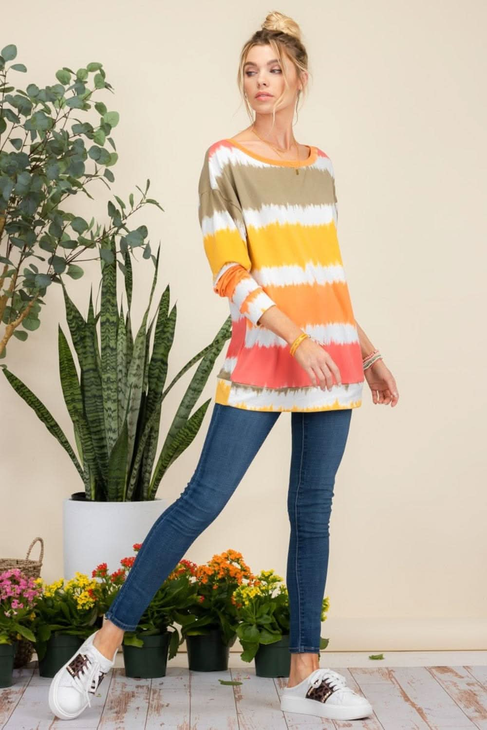 Celeste Full Size Striped Long Sleeve T-Shirt Mustard Stripe / 1XL