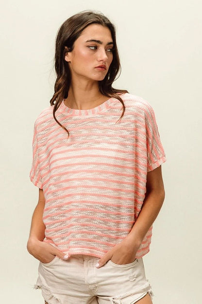 Love Salve Braid Striped Short Sleeve Round Neck T-Shirt