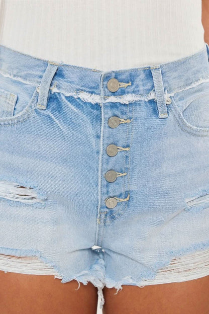 Edgy chic distressed button-fly denim shorts