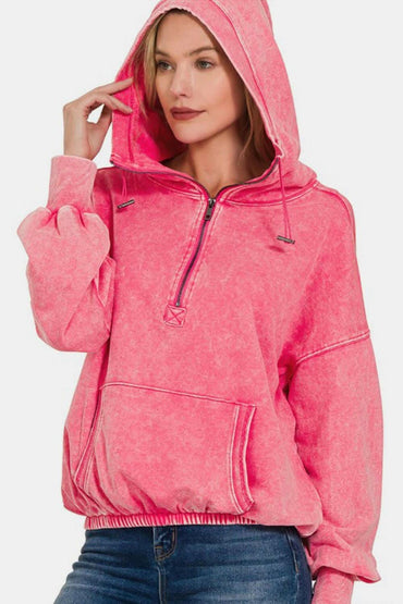 Love Salve Drawstring Half Zip Dropped Shoulder Hoodie