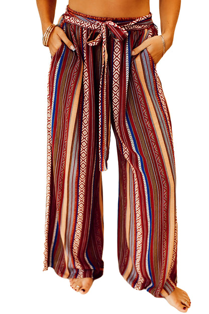 Vibrant red bohemian wide leg pants with ethnic stripes and tie waist