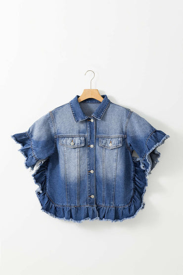 Ruffled Raw Hem Half Sleeve Denim Top.