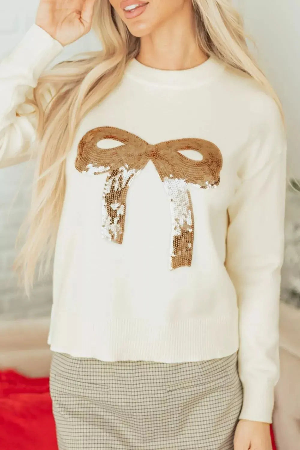 Sequin Bow Embellished Pullover Sweater Simply Love