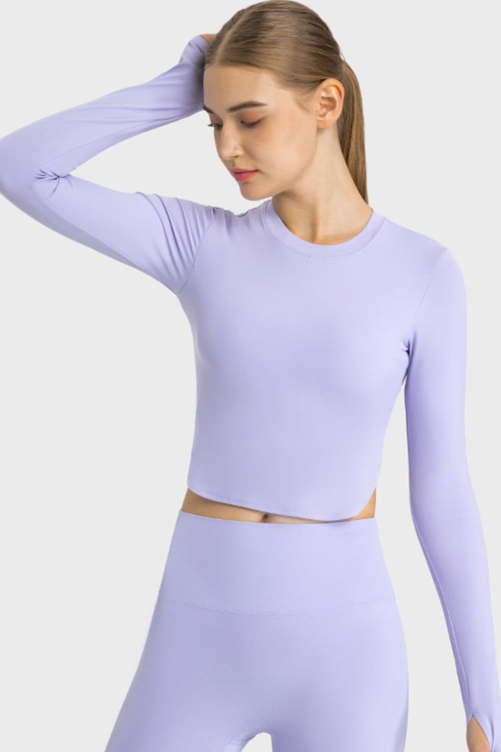 Side Slit Long Sleeve Round Neck Crop Top.