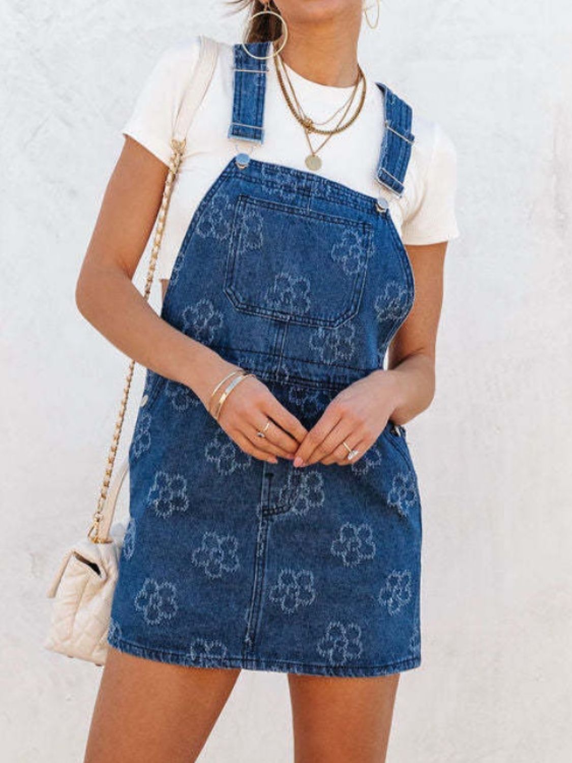 Flower Wide Strap Denim Overall Dress with Pockets.