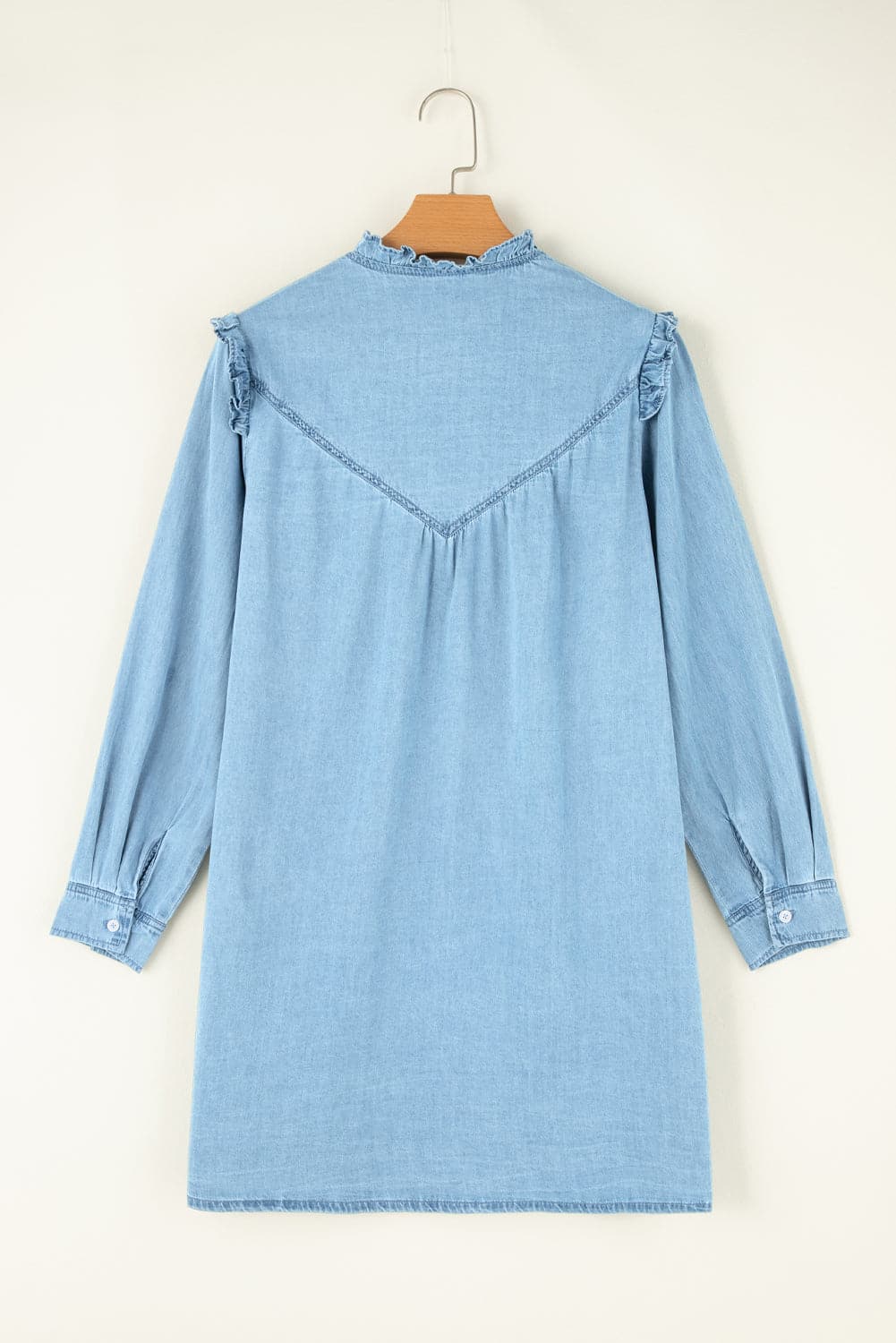 Button Up Notched Long Sleeve Denim Dress.