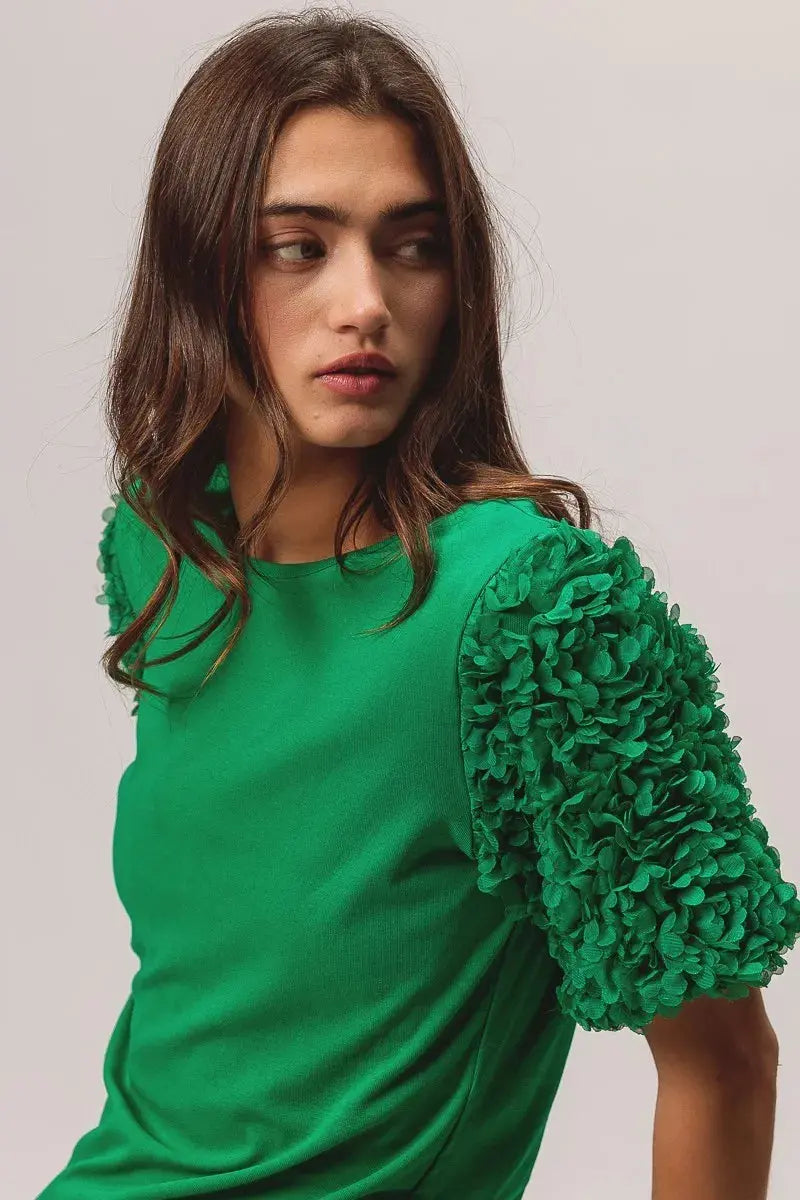 BiBi Short Mesh Flower Sleeve Knit Top - Love Salve 