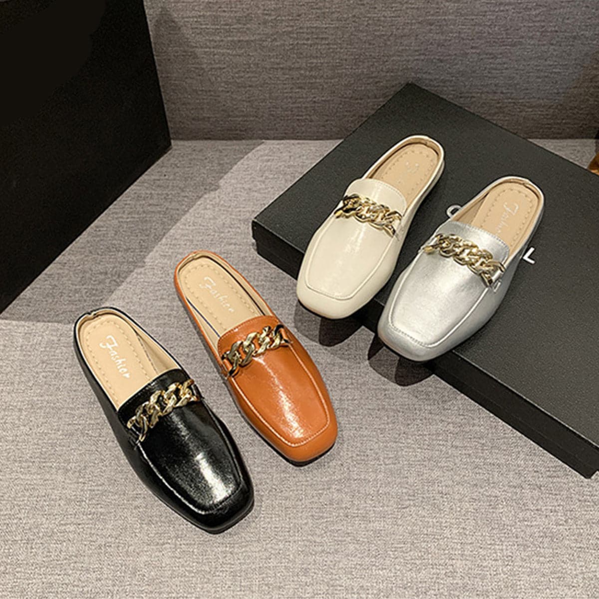 PU Leather Square Toe Flat Loafers.