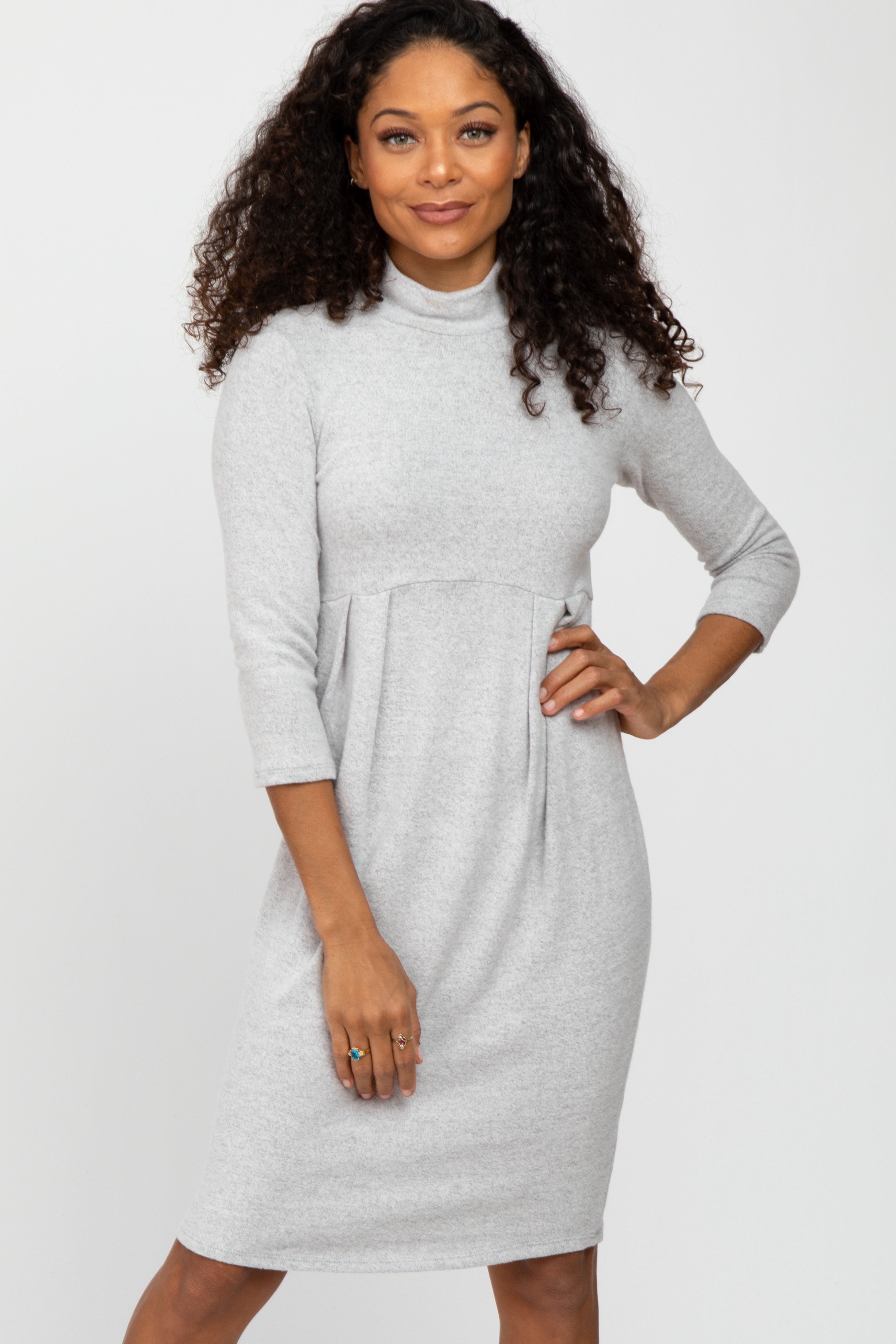 Heather Grey Brushed Mock Neck Fitted Dress PinkBlush