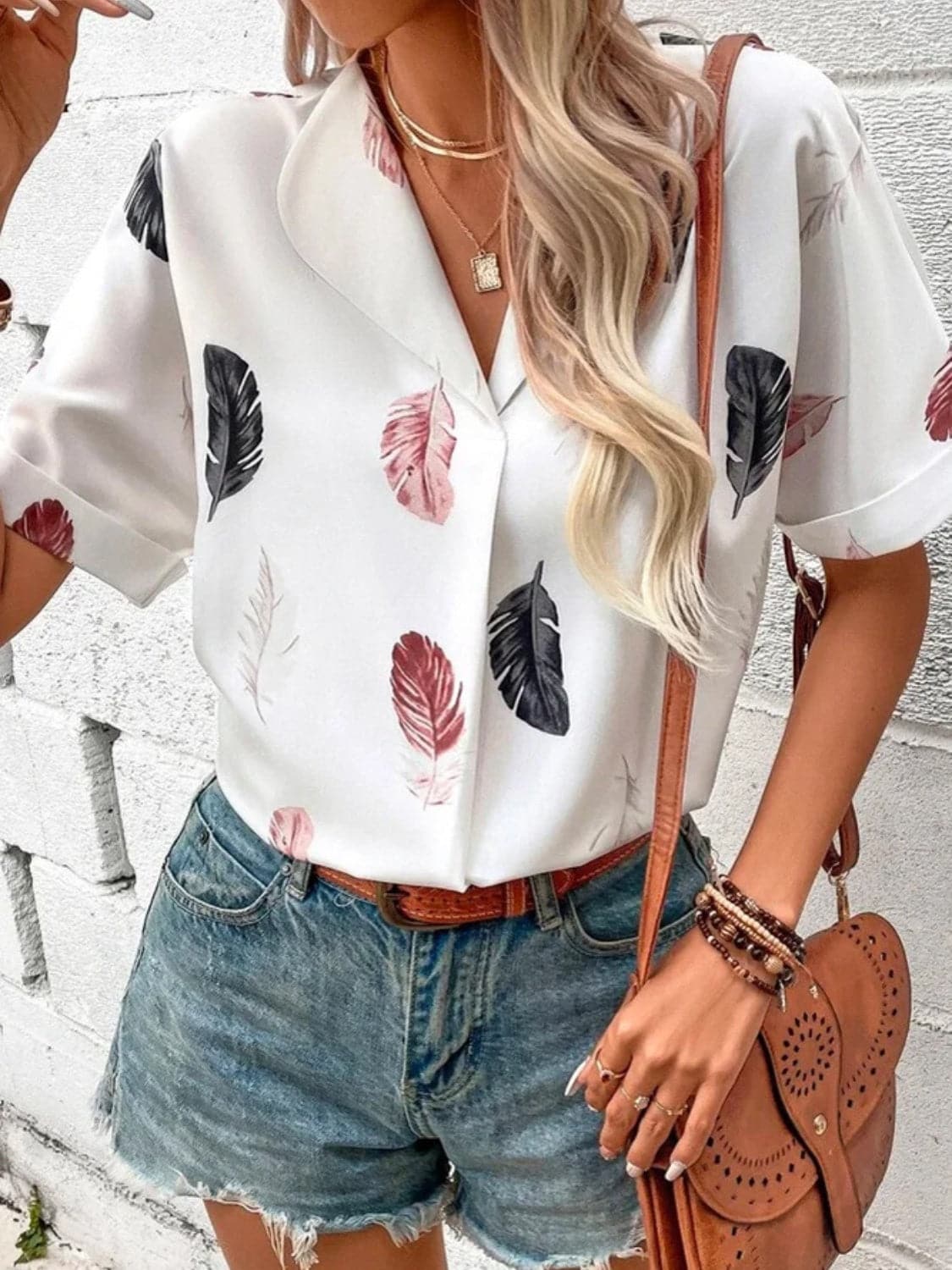 Full Size Printed Collared Neck Short Sleeve Blouse.