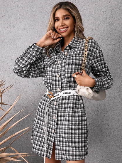 Pocketed Plaid Long Sleeve Mini Dress.