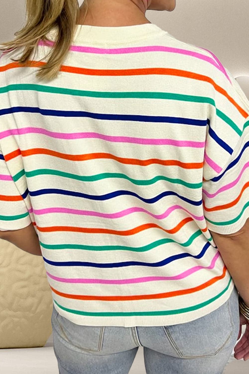 Striped Round Neck Half Sleeve Knit Top.