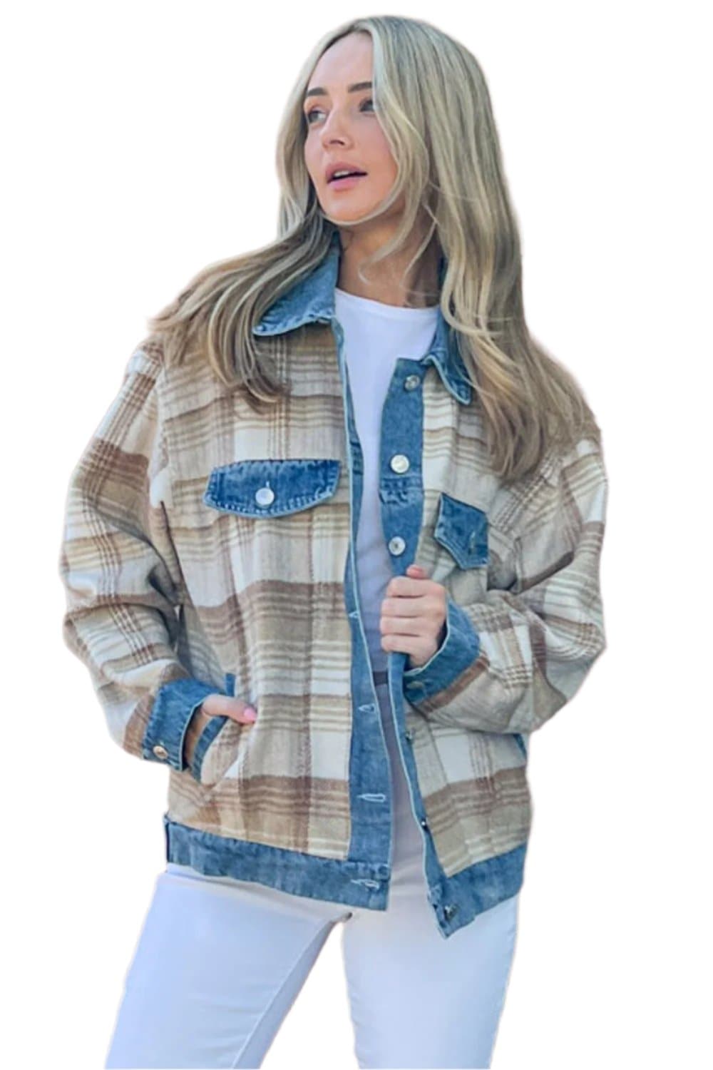 And The Why Full Size Washed Denim Detail Brushed Plaid Jacket.