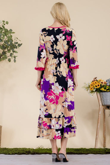 Celeste Full Size Floral Ruffled Midi Dress.