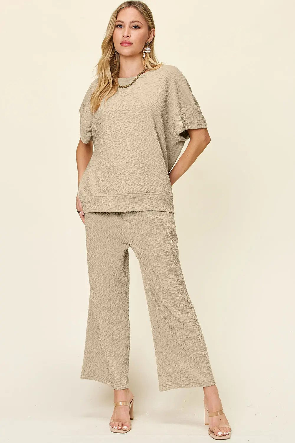 Double Take Full Size Texture Short Sleeve Top and Pants Set - Love Salve