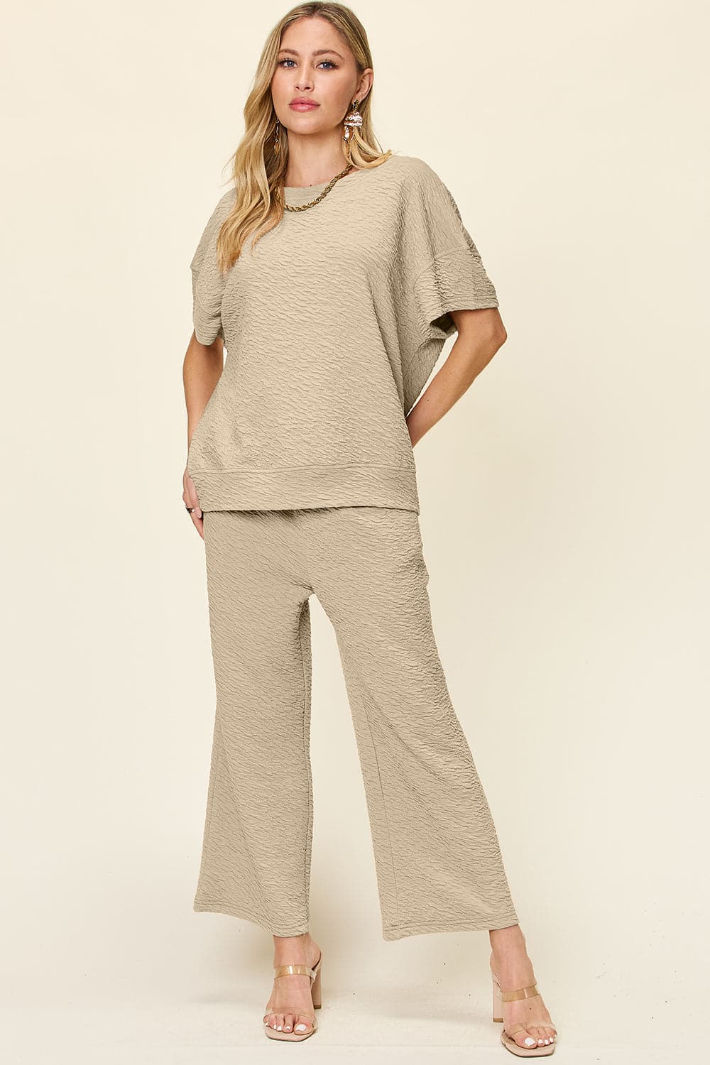 Double Take Full Size Texture Short Sleeve Top and Pants Set.