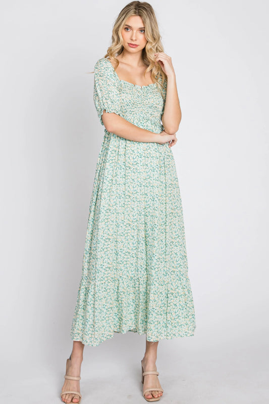 Mint Floral Sweetheart Neck Midi Dress With Smocked Top Puff Sleeves Pockets PinkBlush