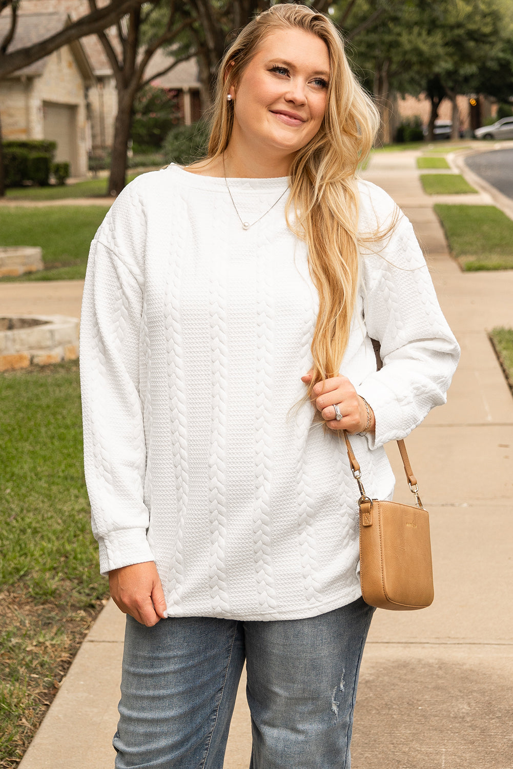 Chic white cable knit plus size sweatshirt for effortless style