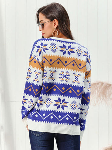 Snowflake Pattern Round Neck Sweater.