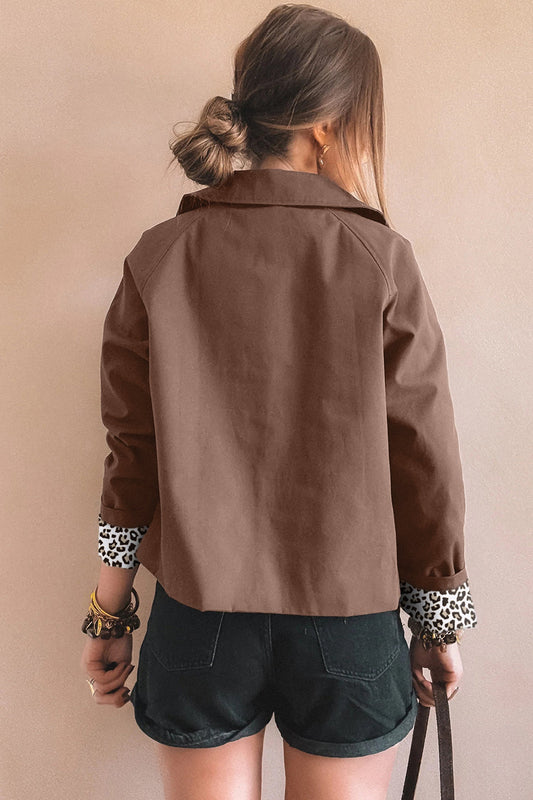 Dark Brown Collared Leopard Patchwork Liner Buttoned Jacket Chic Dear-Lover Dropshipping