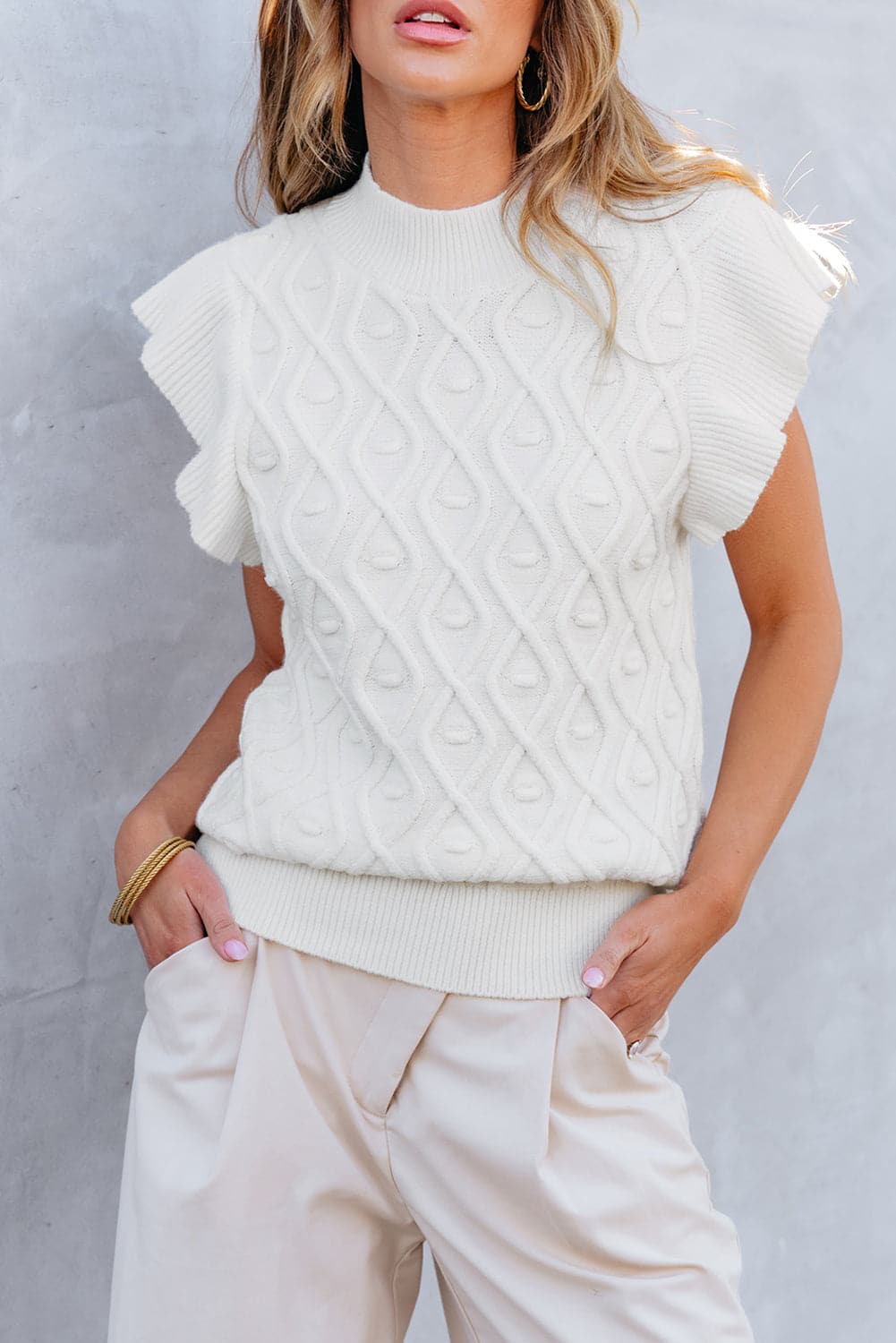 Ruffled Round Neck Cap Sleeve Knit Top.