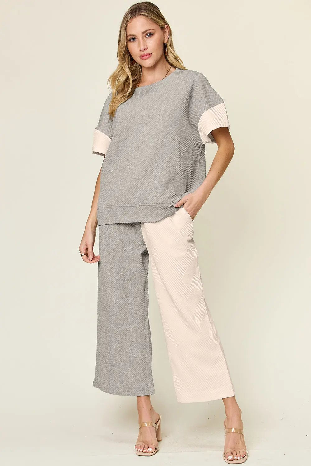 Double Take Full Size Texture Contrast T-Shirt and Wide Leg Pants Set - Love Salve