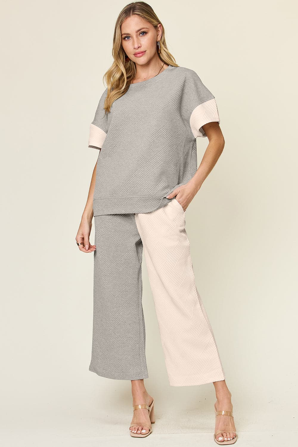 Double Take Full Size Texture Contrast T-Shirt and Wide Leg Pants Set.