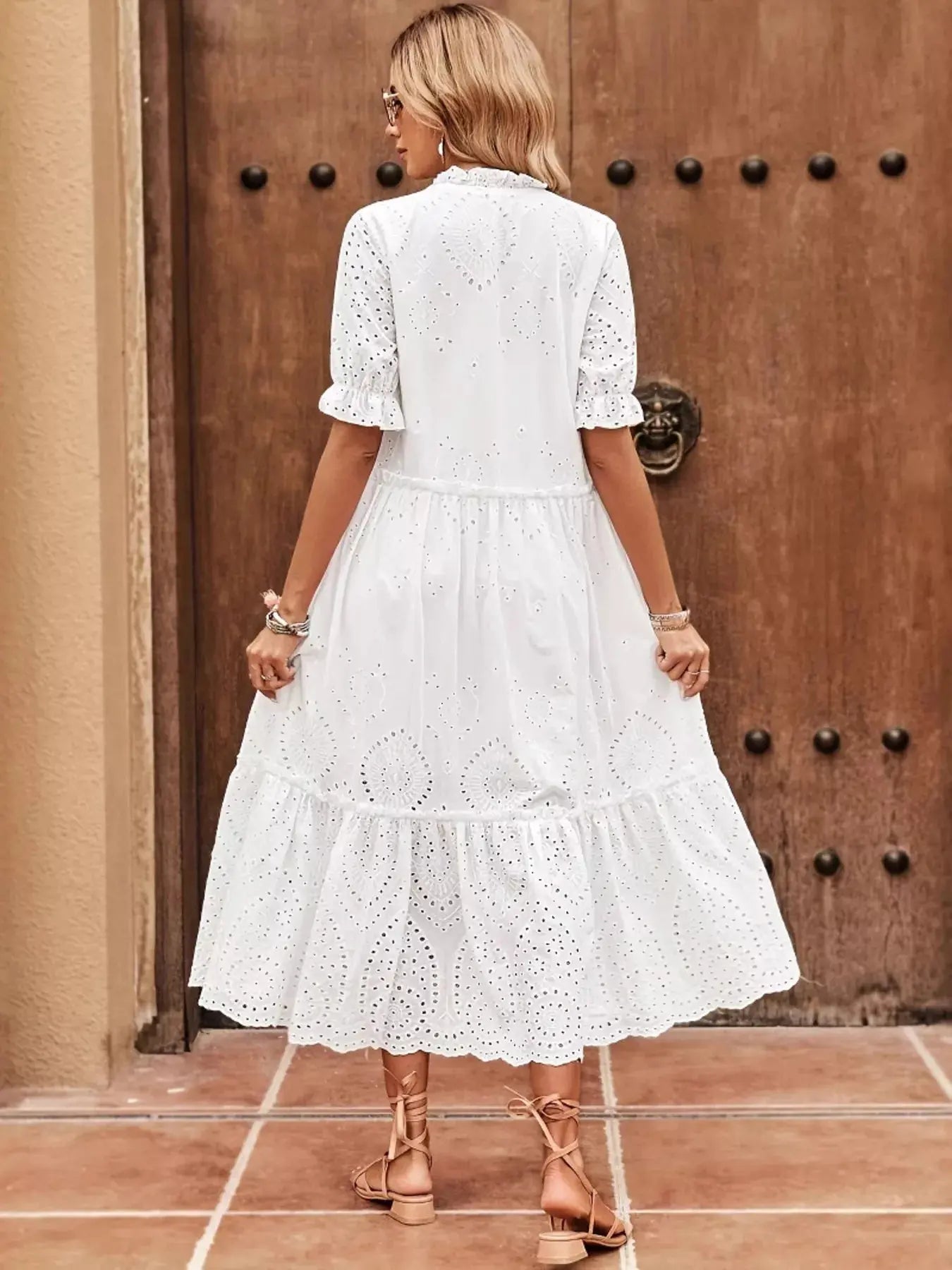 Eyelet Tie Neck Half Sleeve Midi Dress Simply Love