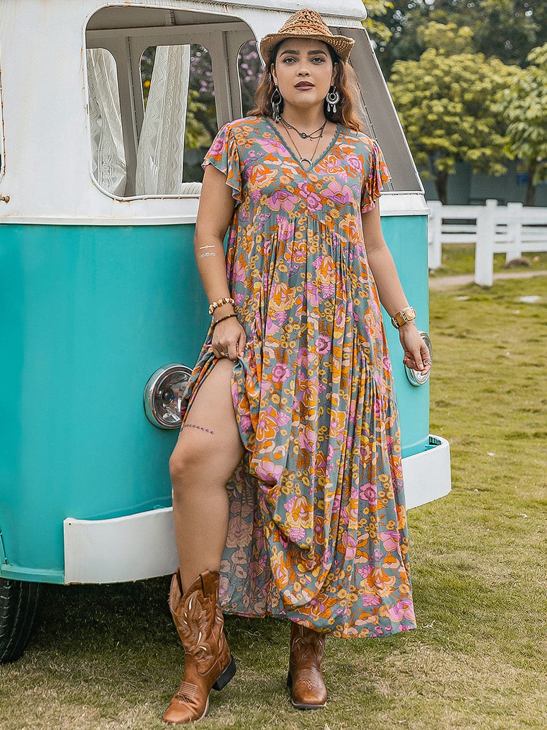 Plus Size Ruffled Printed Cap Sleeve Dress.