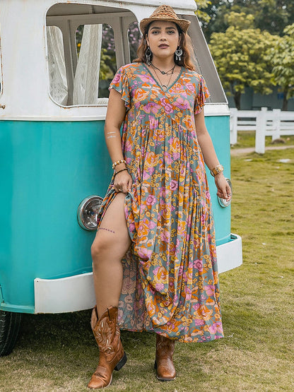 Plus Size Ruffled Printed Cap Sleeve Dress.