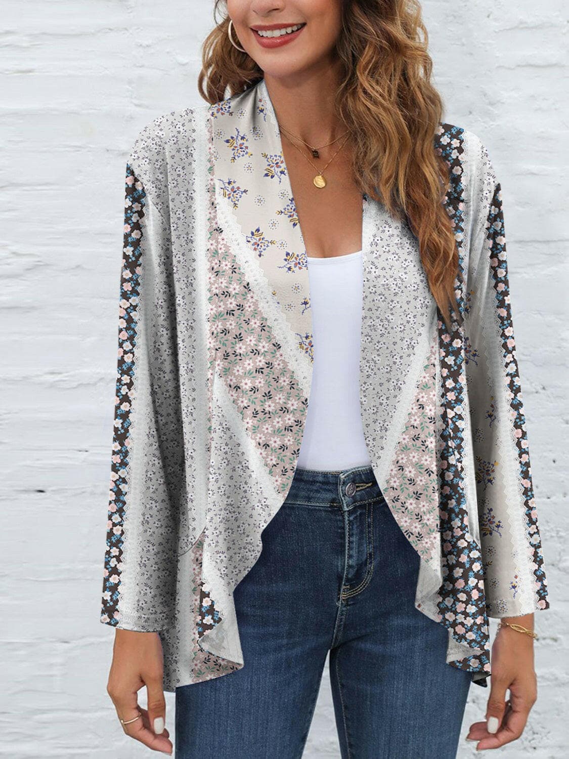 Printed Open Front Long Sleeve Cardigan.