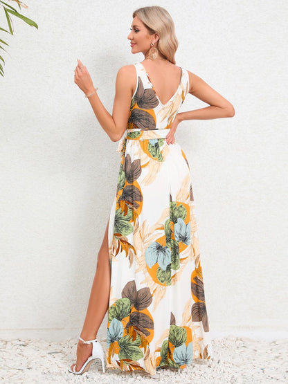 Slit Tied Printed Surplice Dress.