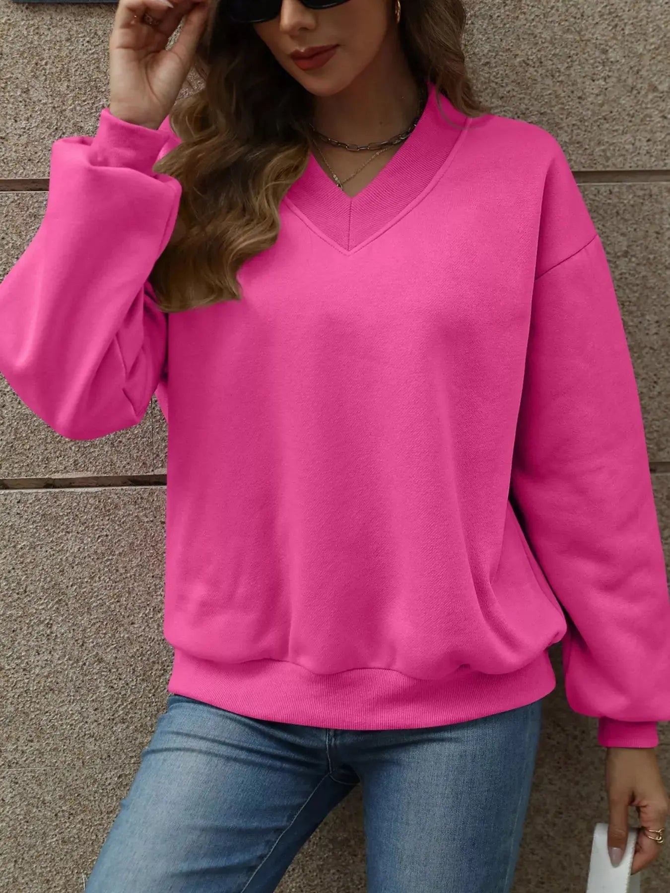 V-Neck Solid Color Casual Sweatshirt Simply Love
