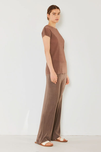 Ribbed Pleated Wide-Leg Trousers with Elastic Waist