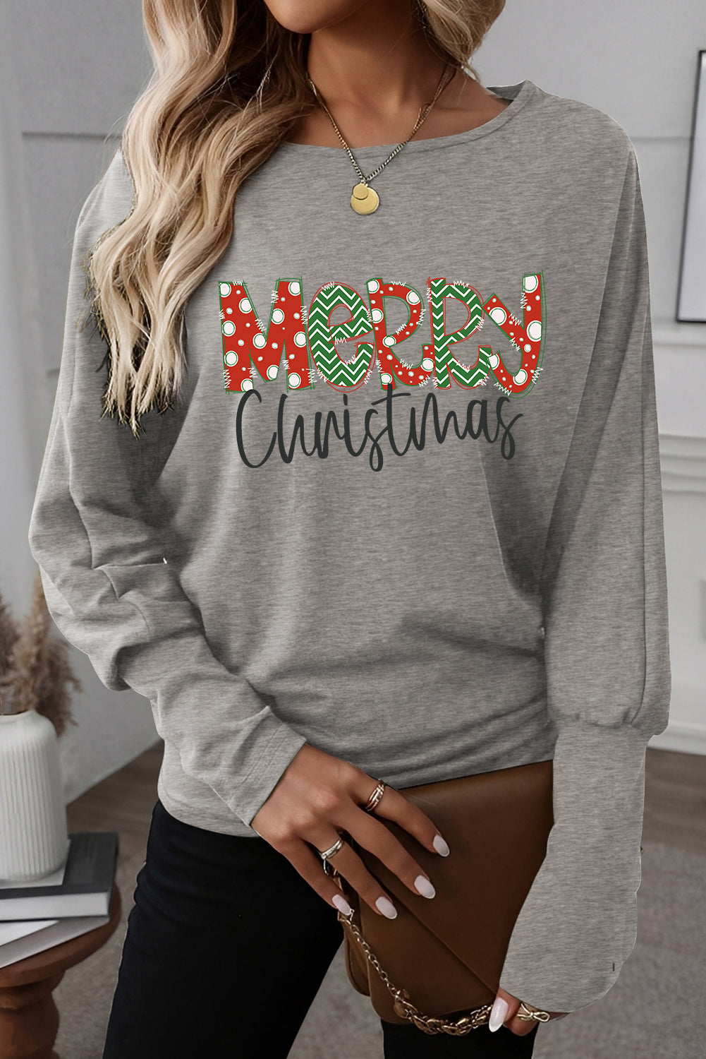 Light Grey Merry Christmas Graphic Dolman Long Sleeve Top With Extended Cuffs Dear-Lover Dropshipping