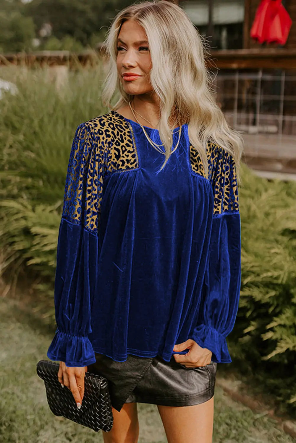 Sky Blue Leopard Patchwork Velvet Blouse with Flounce Sleeve Dear-Lover Dropshipping