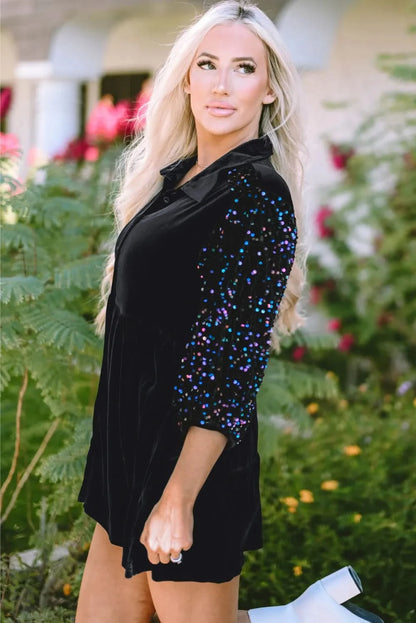 Sequin embellished collared oversized shirt with three-quarter sleeves