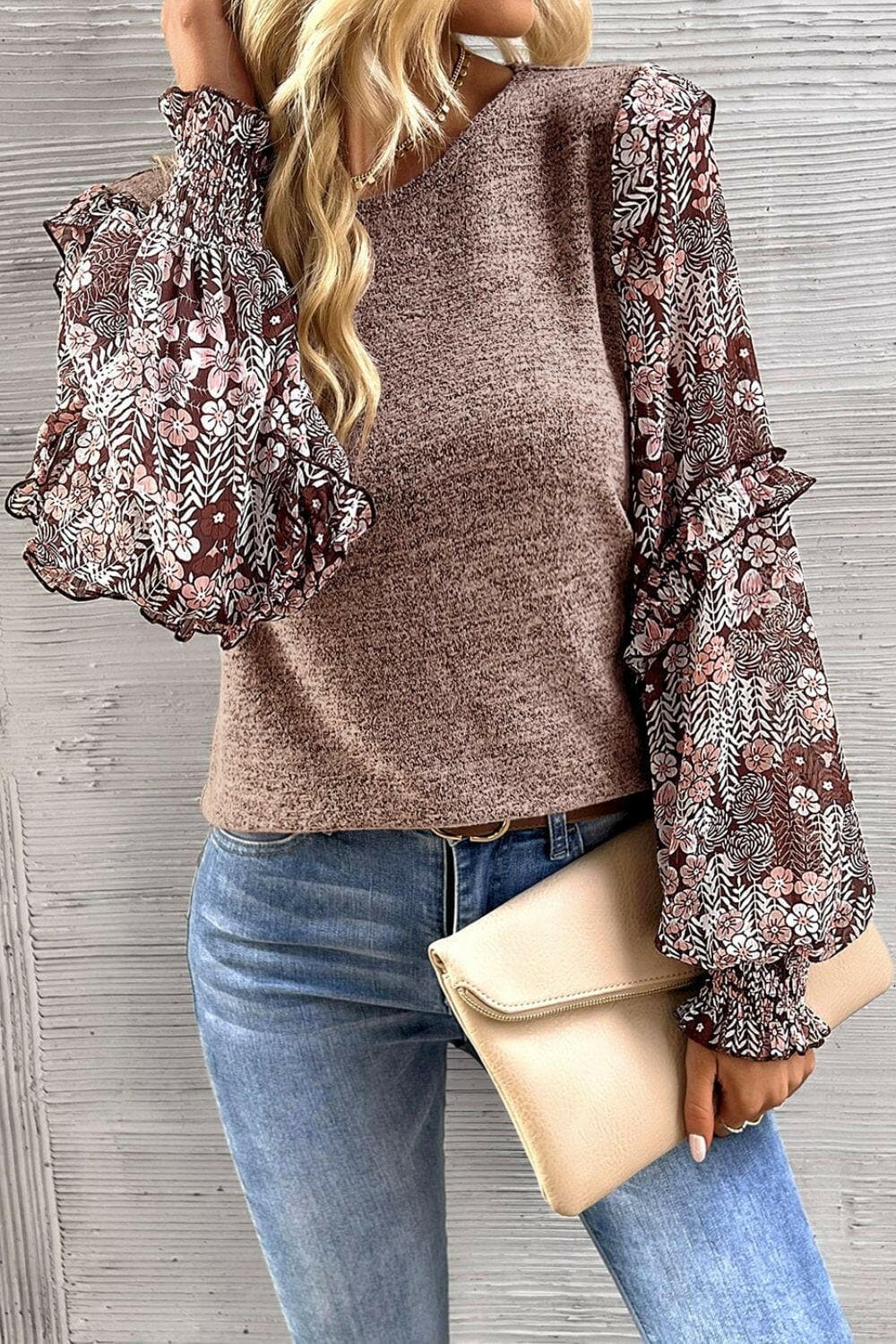 Heathered Floral Frill Lantern Sleeve Blouse.