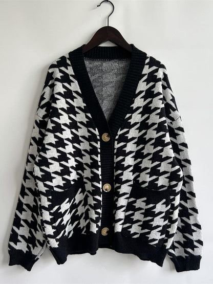 Houndstooth Botton Front  Cardigan with Pockets.