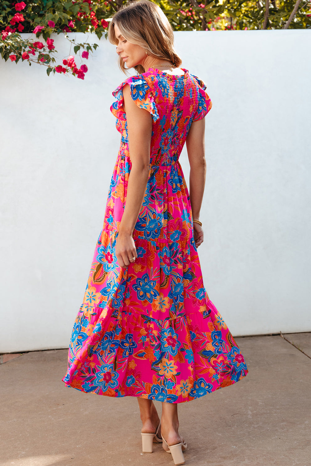 Flirty rose red floral tiered dress with ruffled sleeves