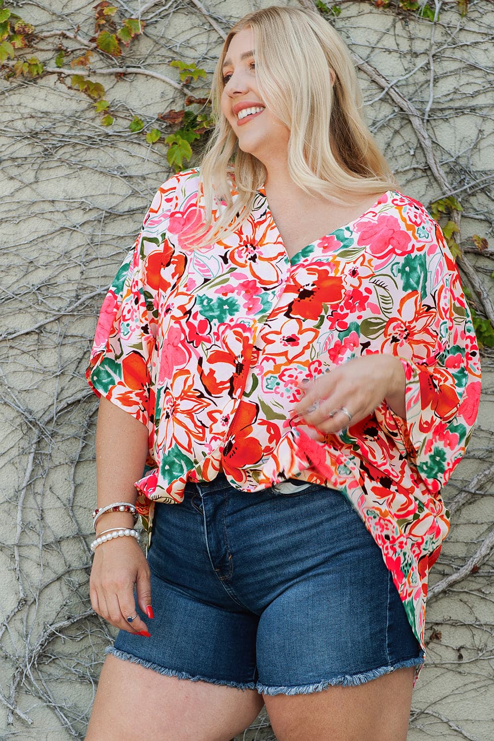 Plus Size Floral V-Neck Half Sleeve Shirt.