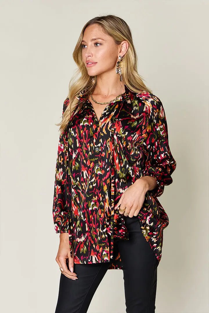 Double Take Full Size Printed Button Up Long Sleeve Shirt - Love Salve