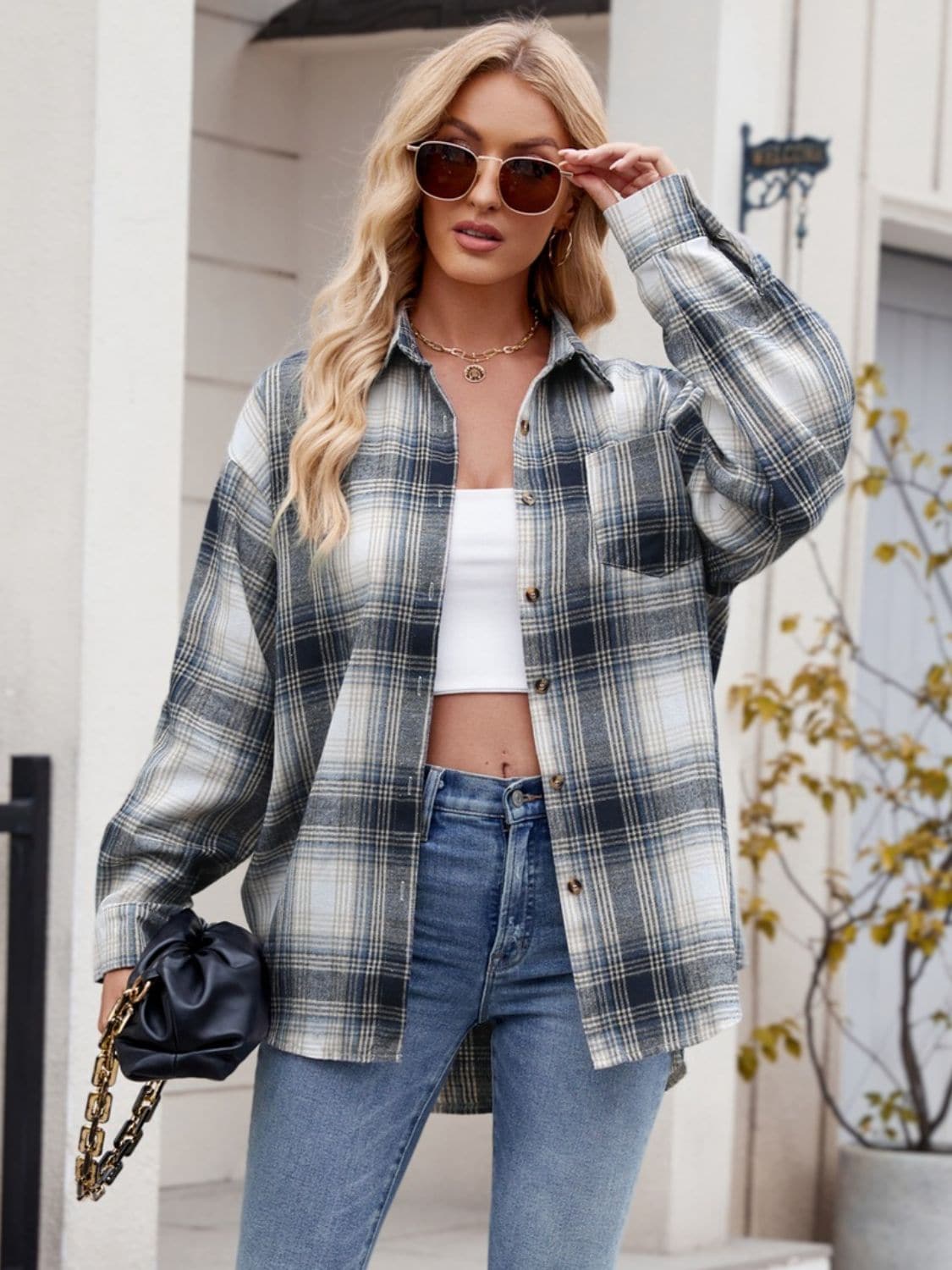 Plaid Collared Neck Long Sleeve Shirt.