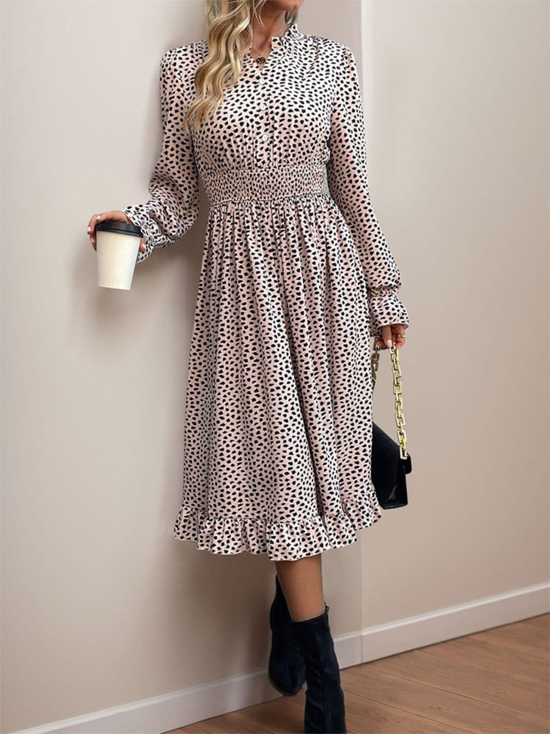 Ruched Ruffled Leopard Long Sleeve Dress.